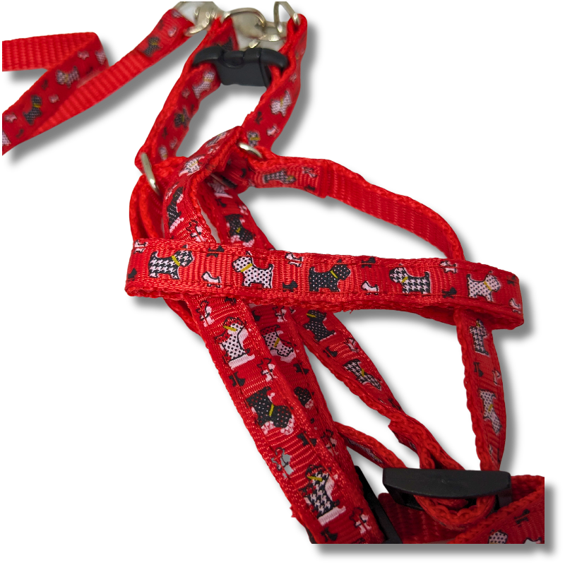 Peitoral com guia para cachorro vermelho estampado com ajuste regulável