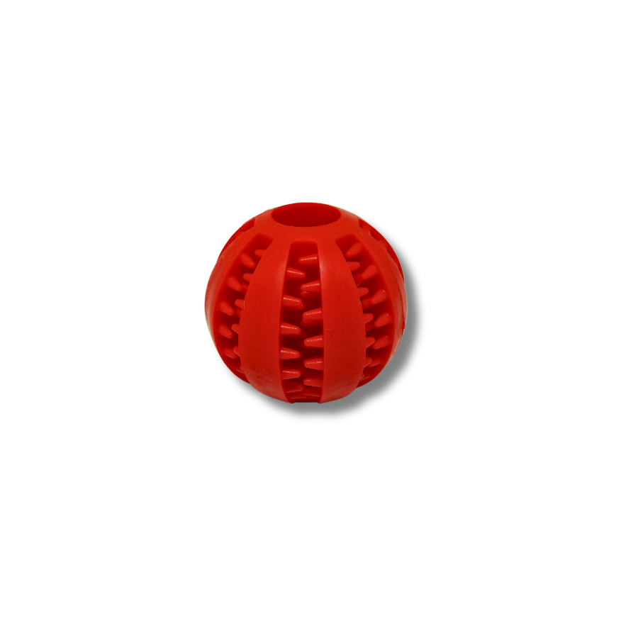Bola mordedora dental vermelho para cães com textura em relevo para limpeza dos dentes.