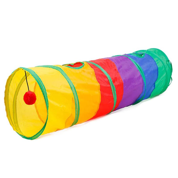 Túnel para gatos 1,1 m colorido e dobrável, com bola pendurada para brincar, ideal para estimular, entreter e enriquecer o ambiente do pet.