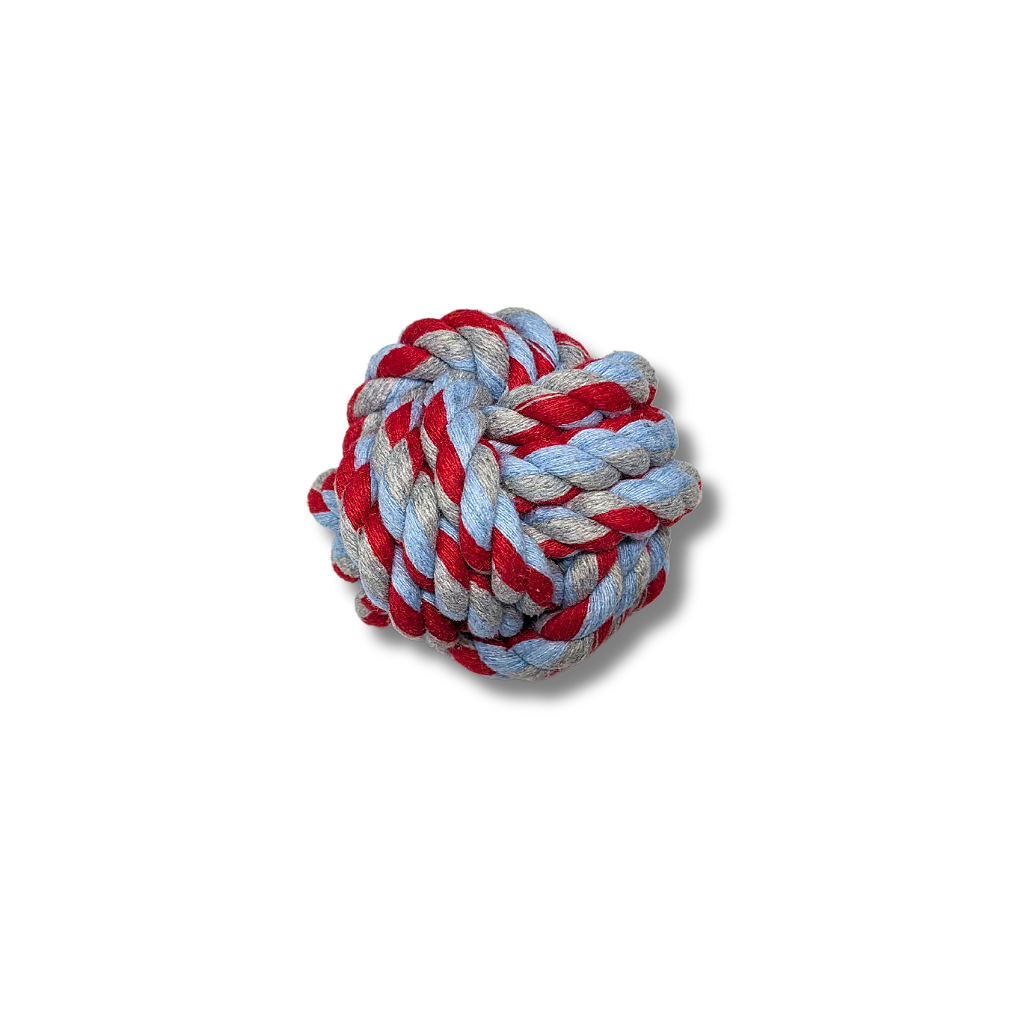 Bola de corda trançada para cachorro 7 cm, resistente e colorida, ideal para morder, brincar, buscar e estimular o pet no dia a dia.