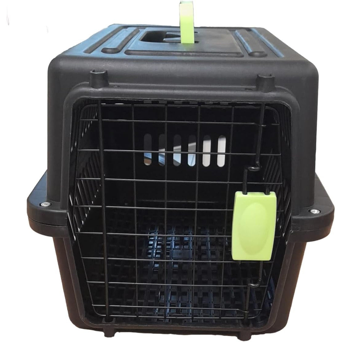 Caixa de transporte pet com grade de metal frontal e alça verde.