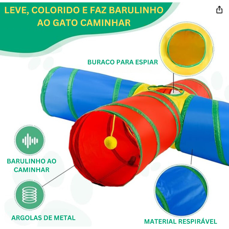 Túnel colorido para gatos com formato cruz e buraco de espiar para brincadeira.