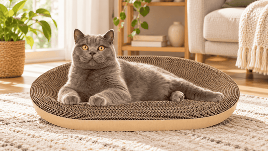 Gato cinza em arranhador oval de papelão, opção para arranhar e descansar