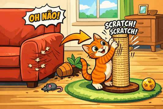 Ilustração cartoon horizontal de um gato laranja usando um arranhador vertical ao lado de um sofá vermelho com marcas de arranhões, em ambiente interno aconchegante.