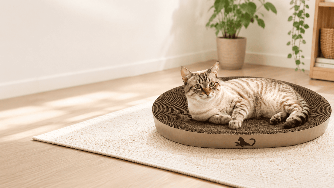 Gato deitado em arranhador oval de papelão em ambiente claro, mostrando o modelo que também serve como espaço de descanso para gatos.