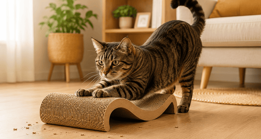 Gato usando arranhador de papelão em ambiente interno, mostrando o uso e o desgaste natural da peça