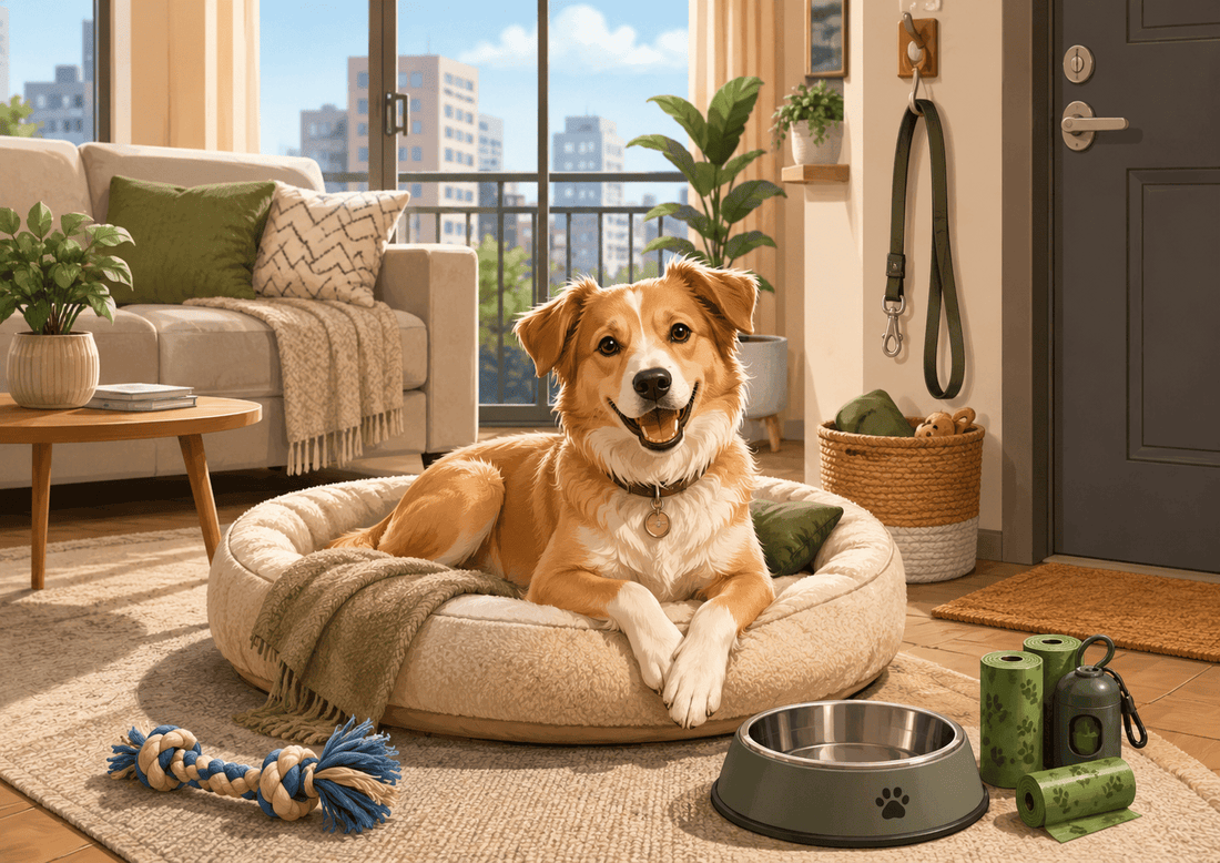 Cachorro deitado em cama pet aconchegante dentro de apartamento iluminado, com comedouro de inox, brinquedo de corda, saquinhos higiênicos e guia próximos.