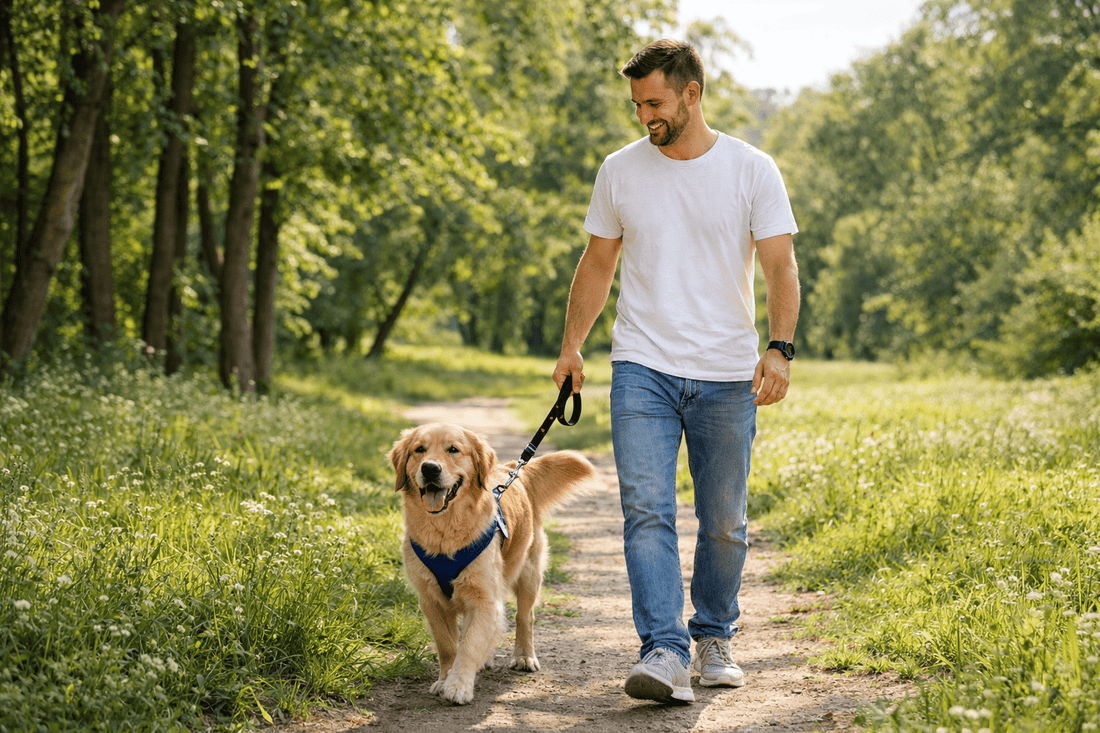 Tutor caminhando com cachorro em passeio ao ar livre, representando rotina saudável e bem-estar pet