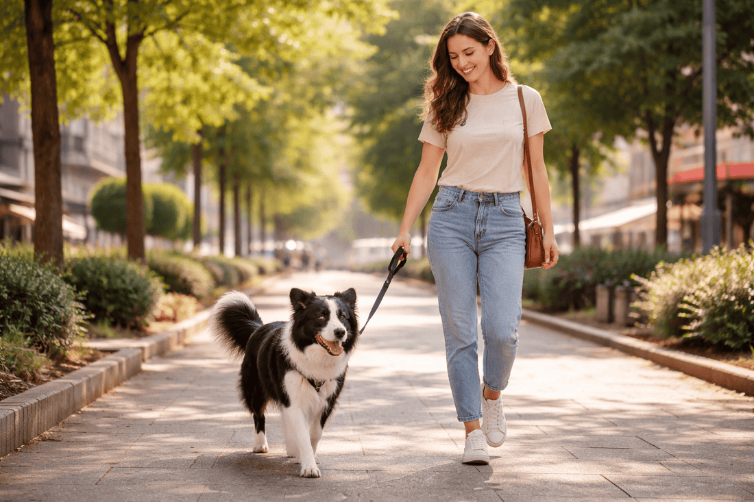 Tutor passeando com cachorro ao ar livre em rotina saudável e frequente de caminhada