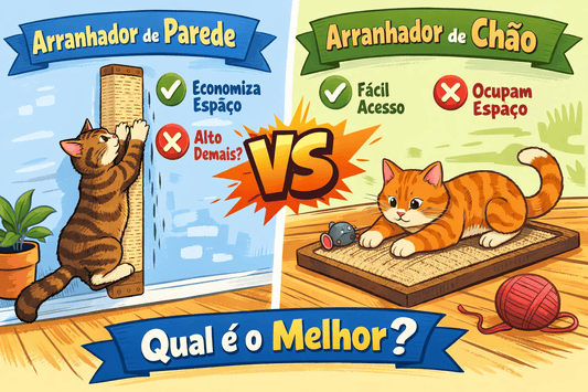 Arranhador de parede e arranhador de chão em ilustração comparativa, com dois gatos em desenho e destaque para a escolha entre os modelos.