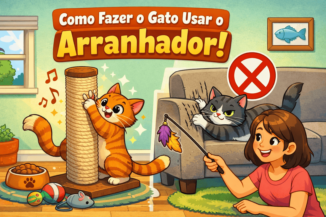 Ilustração horizontal em estilo cartoon mostrando um gato laranja usando um arranhador enquanto outro gato cinza arranha o sofá, com tutora brincando com vara de penas em uma sala aconchegante.