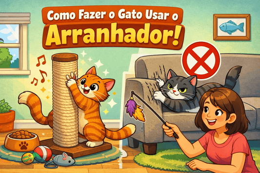 Ilustração horizontal em estilo cartoon mostrando um gato laranja usando um arranhador enquanto outro gato cinza arranha o sofá, com tutora brincando com vara de penas em uma sala aconchegante.