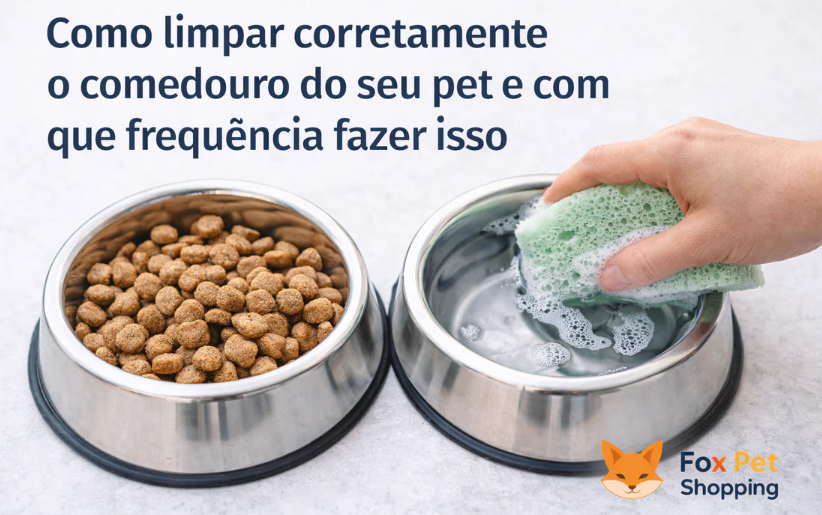 Imagem ilustrativa sobre limpeza de comedouro pet, com dois potes de inox lado a lado, um com ração e outro sendo lavado com esponja.