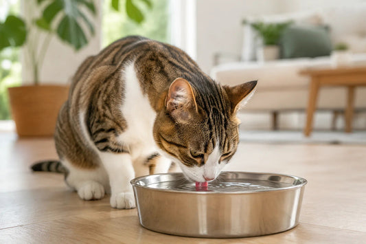Gato bebendo água fresca em pote largo de aço inox