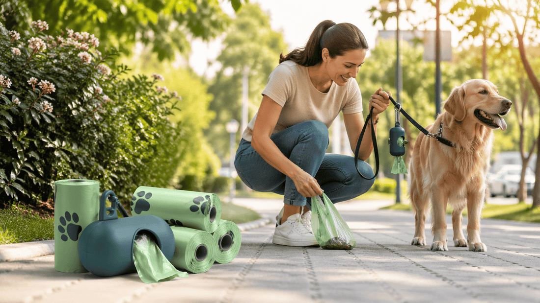 Tutora passeando com cachorro e usando refil cata caca com saquinhos higiênicos para recolher fezes durante o passeio