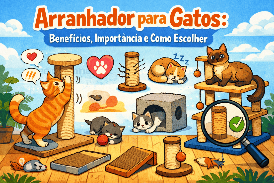 Ilustração em desenho horizontal 16:9 com vários gatos interagindo com arranhadores, postes e brinquedos em ambiente interno colorido, destacando diferentes modelos de arranhador para gatos.