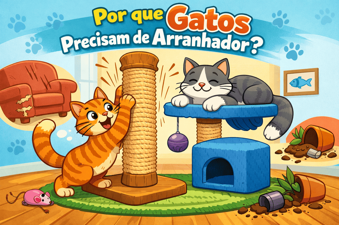 Ilustração horizontal em estilo cartoon com dois gatos usando arranhadores em uma sala aconchegante, destacando a importância do arranhador para o bem-estar felino.