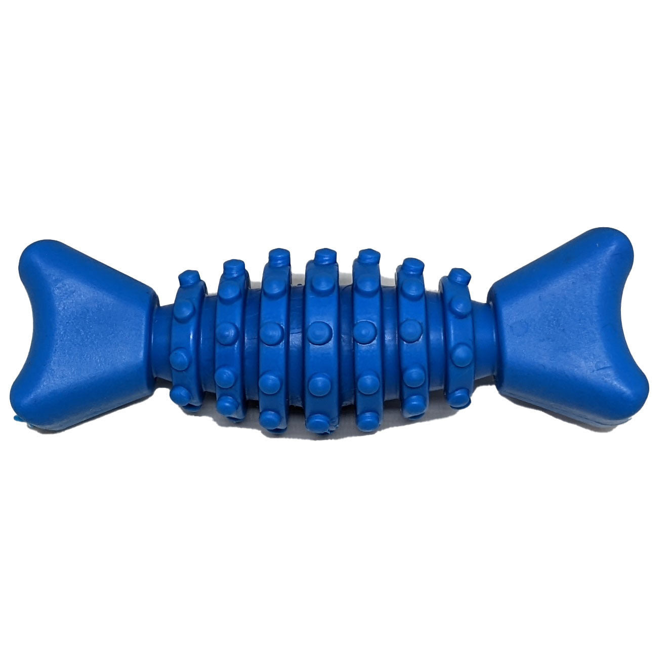 Brinquedo mordedor de borracha para cachorro 11,5 cm em formato de bombom, com textura massageadora azul, ideal para morder, brincar e estimular o pet.