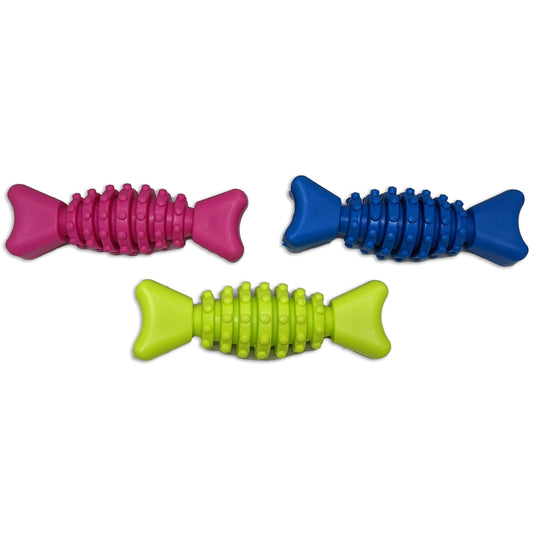 Brinquedo mordedor de borracha para cachorro 11,5 cm em formato de bombom, com textura massageadora e cores sortidas, ideal para morder, brincar e estimular o pet.