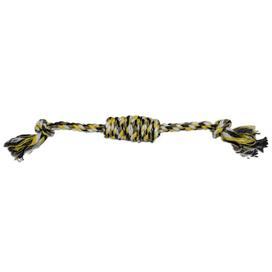 Brinquedo corda bombom para cachorro, com nós nas pontas e parte central trançada, ideal para morder, puxar, brincar e estimular o pet.