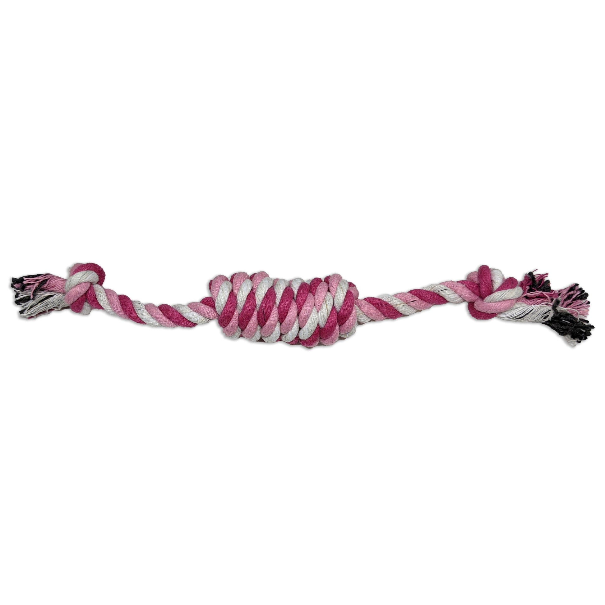 Brinquedo corda bombom para cachorro, com nós nas pontas e parte central trançada, ideal para morder, puxar, brincar e estimular o pet.