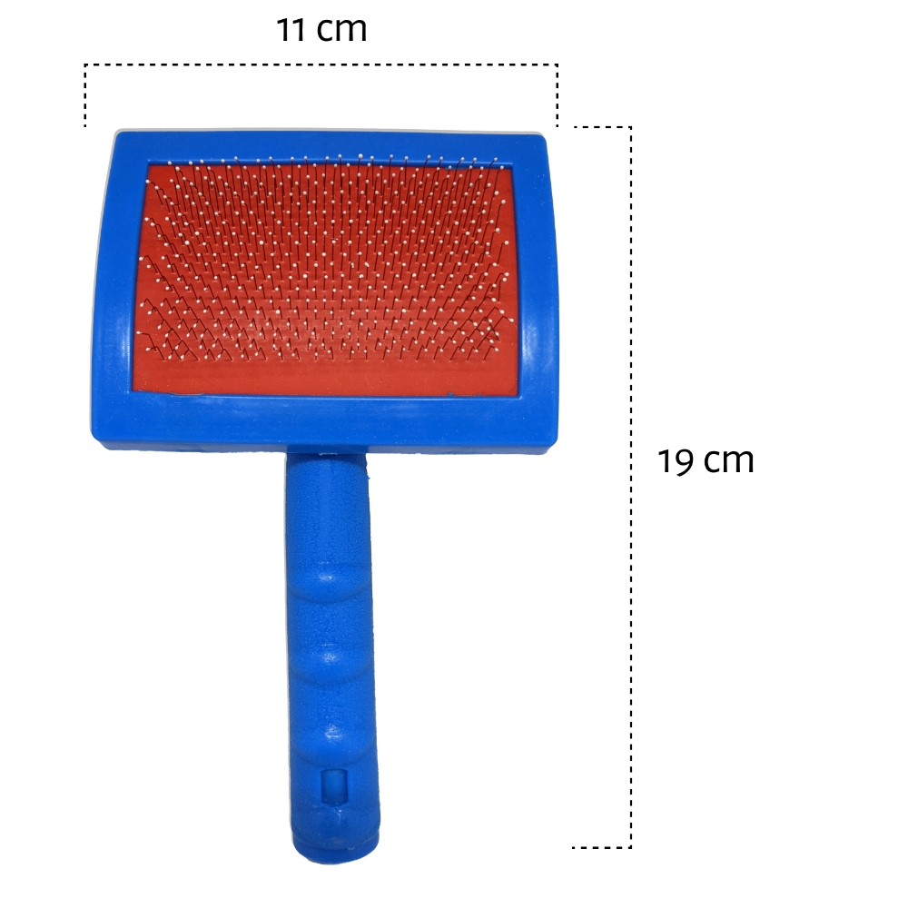 Rasqueadeira pet para remover pelos de cães e gatos com cerdas de aço e cabo azul 11cm x 19cm