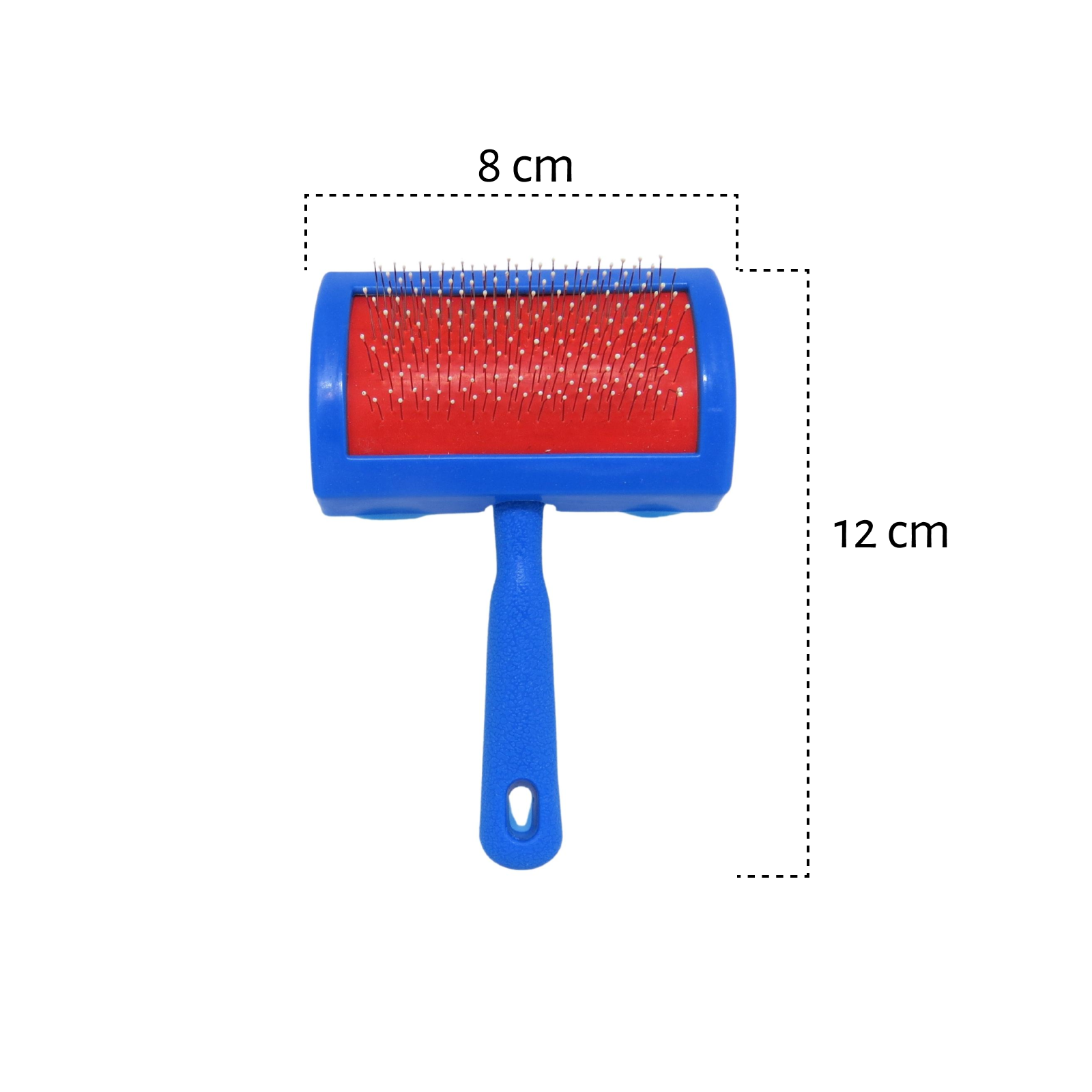 Rasqueadeira medidas 8x12 para cães e gatos com cerdas metálicas, cabo anatômico e base curva, ideal para remover pelos soltos, desembaraçar e cuidar da pelagem.