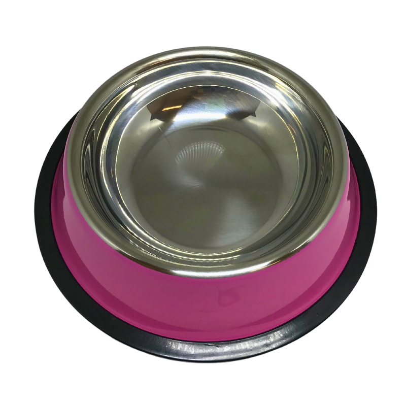 Comedouro inox para cachorro com base antiderrapante rosa