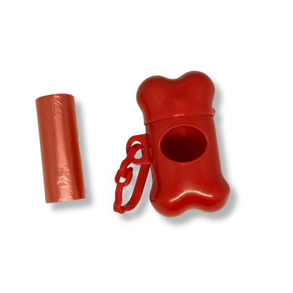 Porta saquinho higiênico para cachorro vermelho em formato de osso com refil
