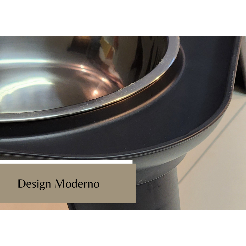 Comedouro elevado pet com acabamento moderno, tigela de inox e base preta.