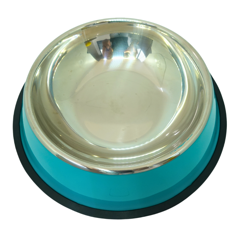 Comedouro inox para cachorro com base antiderrapante azul