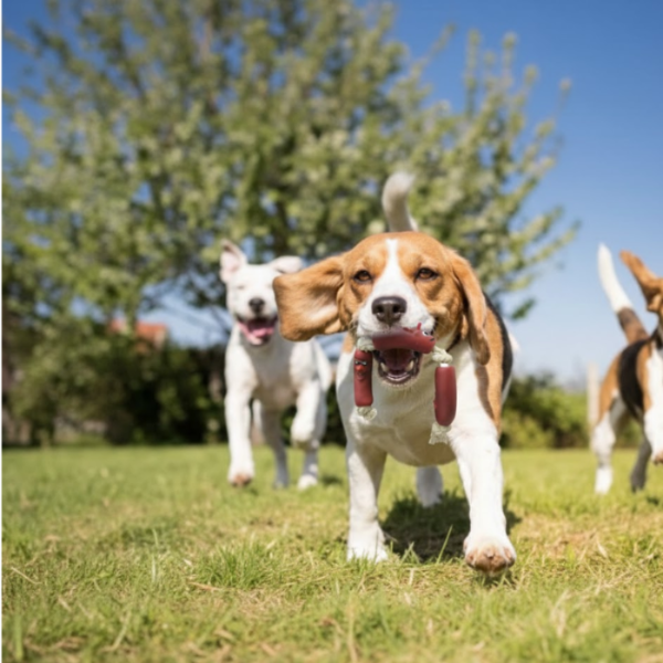Brinquedo para cachorro com corda e três peças em formato de salsicha marrom, ideal para morder, puxar e brincar.