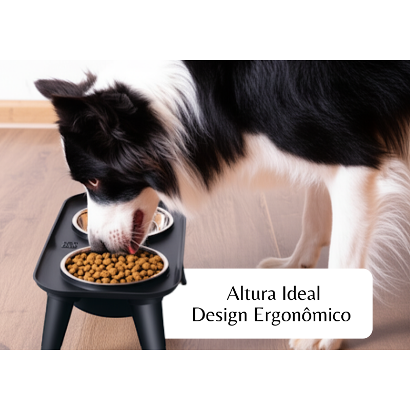 Cachorro comendo em comedouro elevado duplo com altura ideal e design ergonômico.