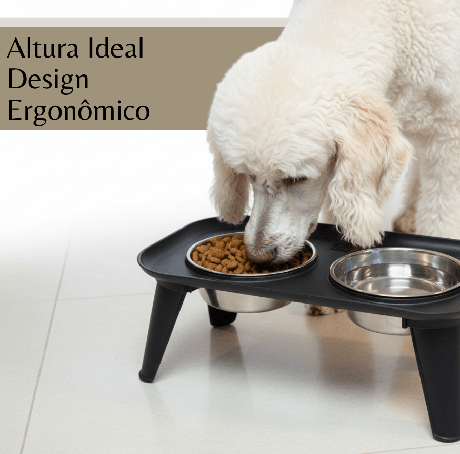 Cachorro comendo em comedouro elevado duplo com altura ideal e design ergonômico.