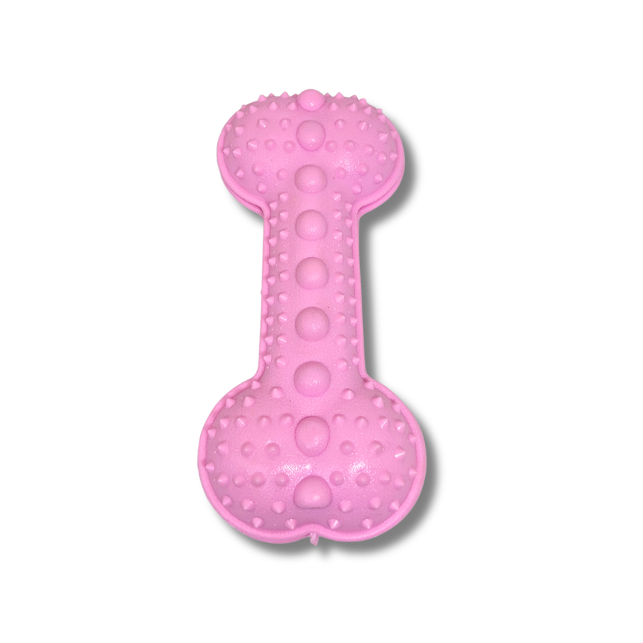 Mordedor pet rosa em formato de osso com textura para mastigação e limpeza dental.