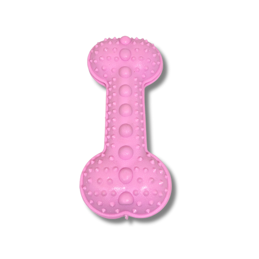 Mordedor pet rosa em formato de osso com textura para mastigação e limpeza dental.