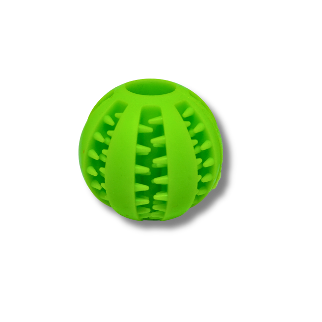 Bola mordedora dental verde para cães com textura em relevo para limpeza dos dentes.