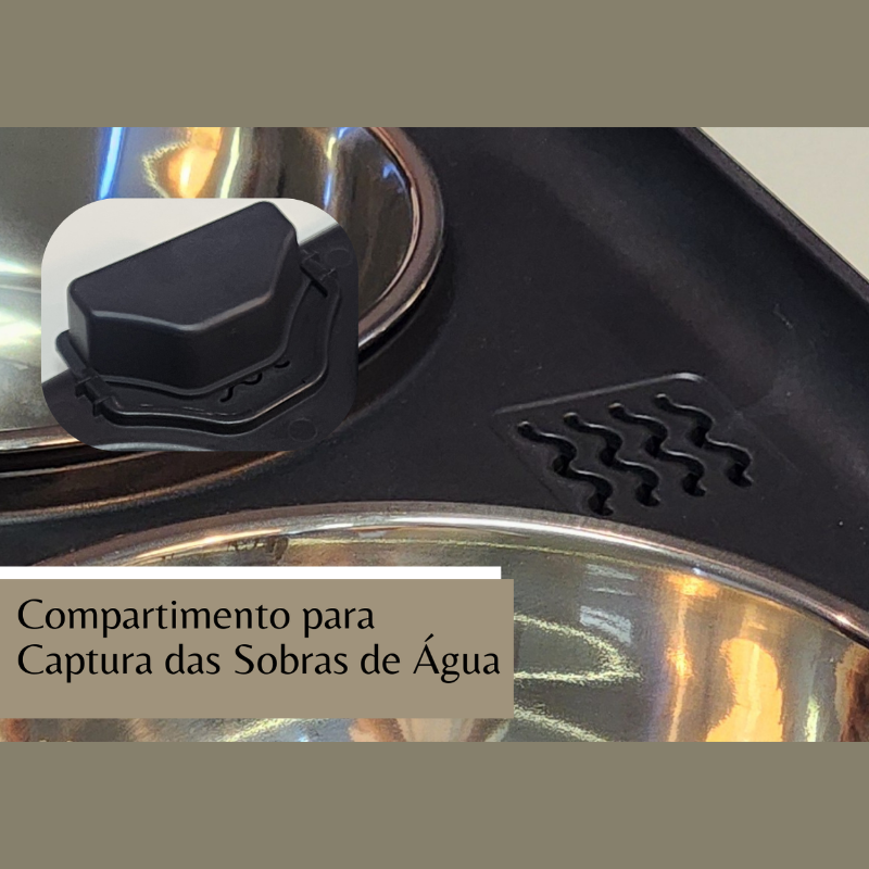 Detalhe do comedouro elevado pet com reservatório para captar sobras de água e tigela de inox.