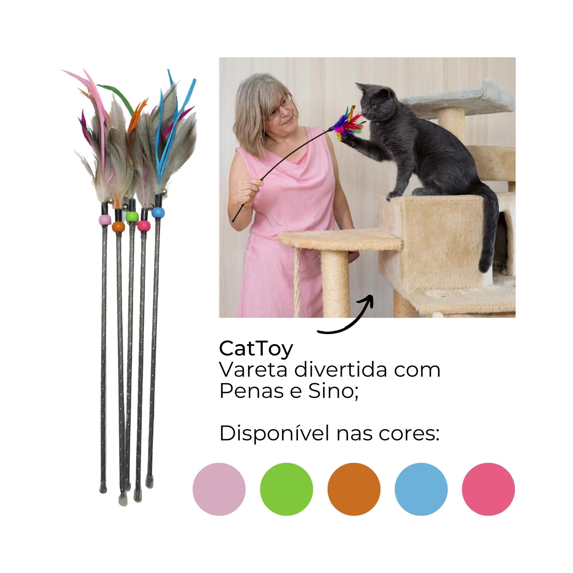 Varinha premium para gatos 46 cm com penas coloridas e guizo, ideal para brincar, estimular o instinto de caça e entreter o pet.