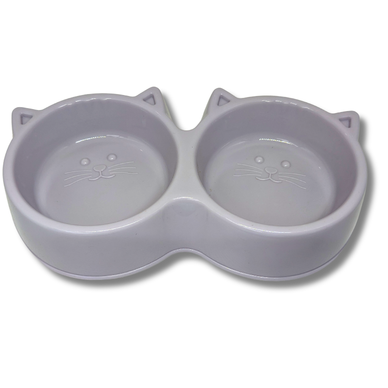 Comedouro duplo para gatos cinza em plástico com formato de gatinho