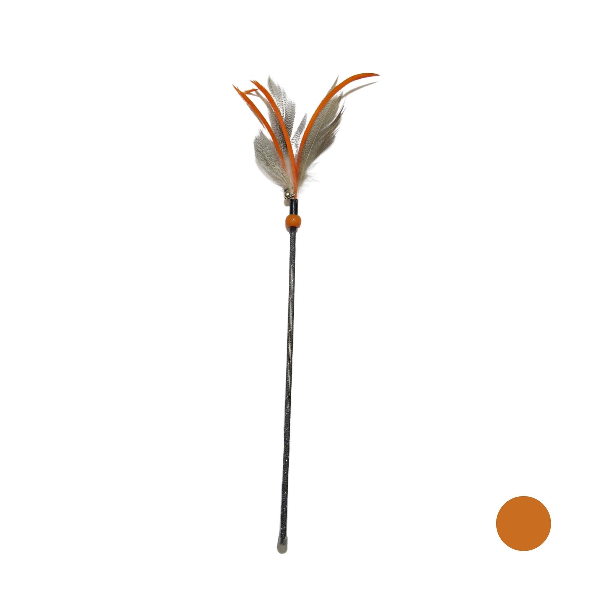 Varinha premium para gatos 46 cm com penas coloridas e guizo, ideal para brincar, estimular o instinto de caça e entreter o pet.