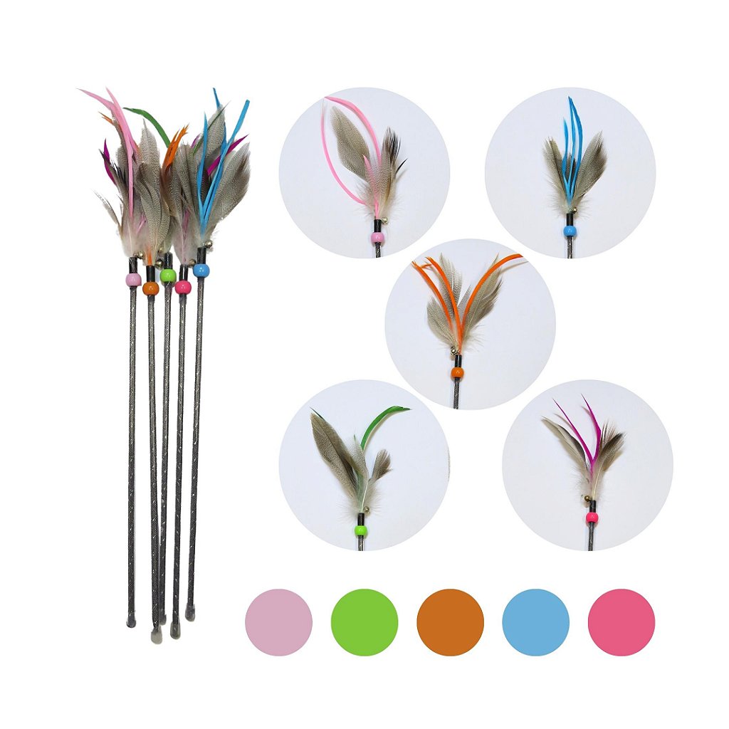Varinha premium para gatos 46 cm com penas coloridas e guizo, ideal para brincar, estimular o instinto de caça e entreter o pet.