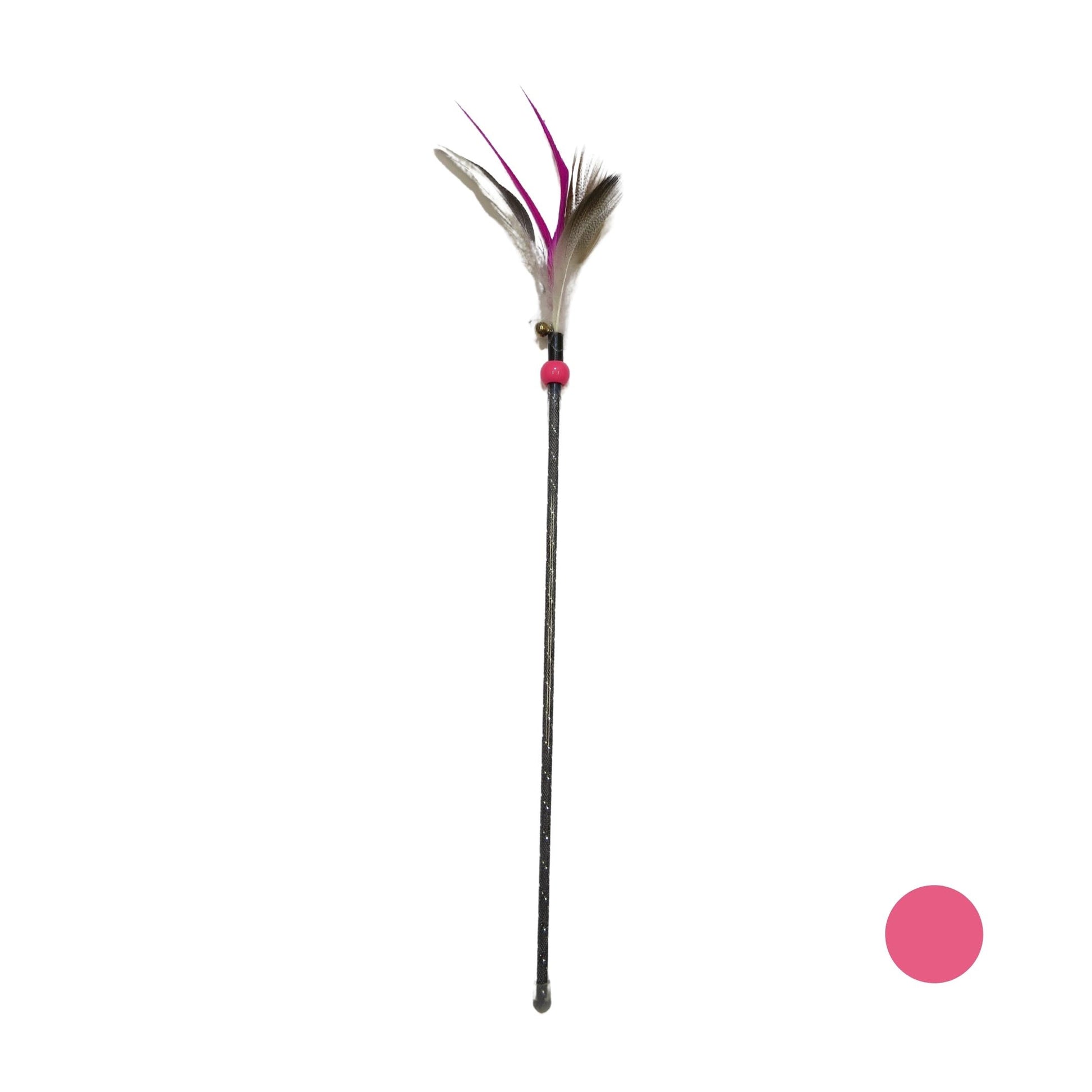 Varinha premium para gatos 46 cm com penas coloridas e guizo, ideal para brincar, estimular o instinto de caça e entreter o pet.
