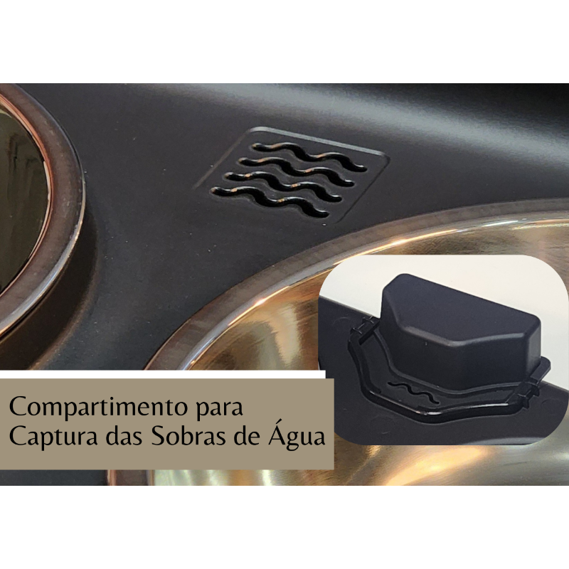 Detalhe do comedouro elevado pet com reservatório para captar sobras de água e tigela de inox.