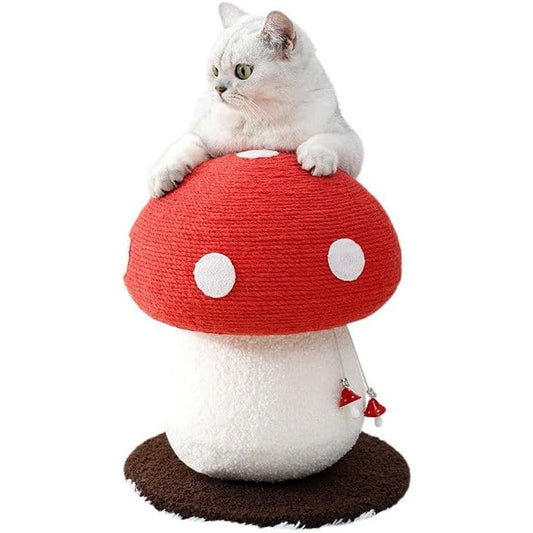 Poste arranhador para gatos em formato de cogumelo, com base estável, superfície para arranhar e brinquedos pendurados para estimular o pet.