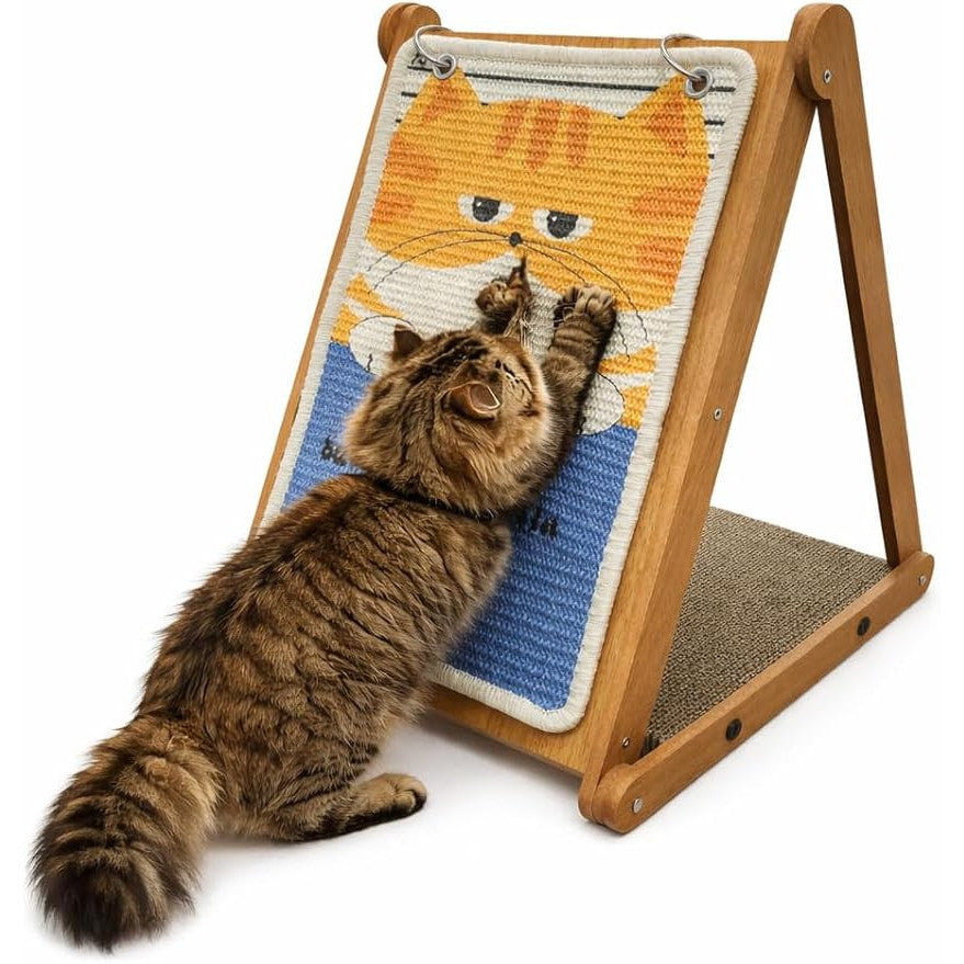 Quadro arranhador decorativo para gatos com estrutura de madeira, superfície de sisal e brinquedo suspenso, ideal para arranhar, brincar e enriquecer o ambiente.