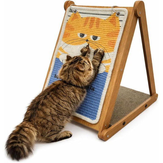 Quadro arranhador decorativo para gatos com estrutura de madeira, superfície de sisal e brinquedo suspenso, ideal para arranhar, brincar e enriquecer o ambiente.