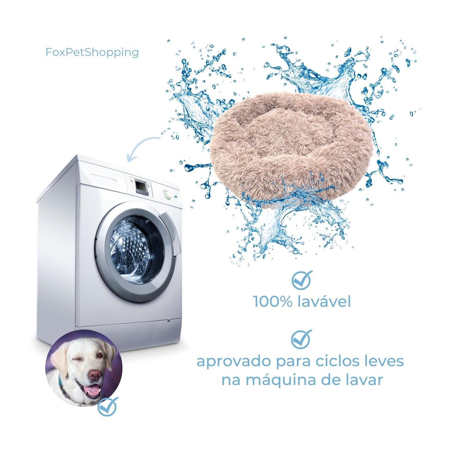 Caminha lavável para cachorro e gato, modelo redondo felpudo aprovado para ciclos leves na máquina