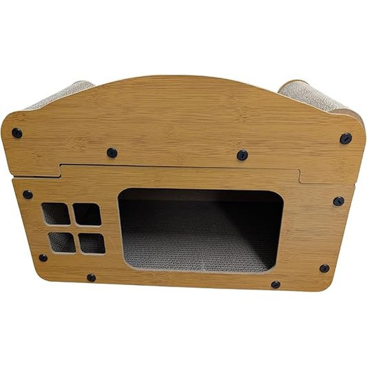 Casa arranhador para gatos de 2 andares em papelão kraft, com área interna para descanso e superfícies para arranhar, brincar e estimular o pet.