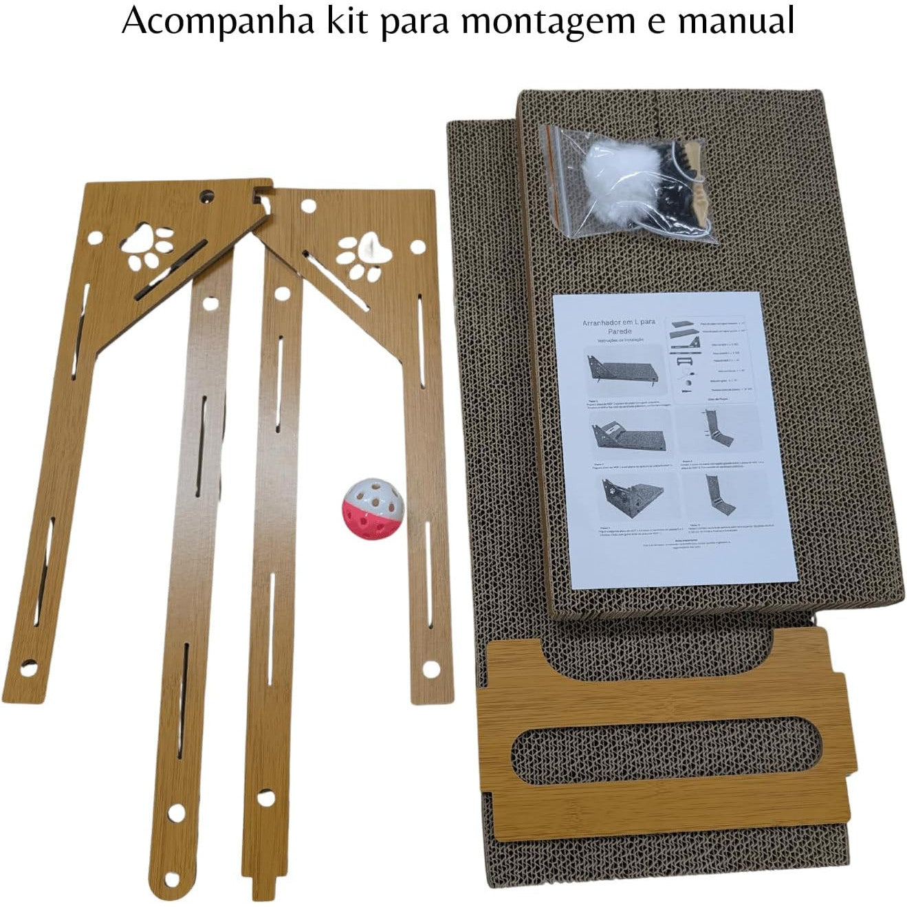 Arranhador de Parede para Gatos em L com Brinquedos 60x40x24cm